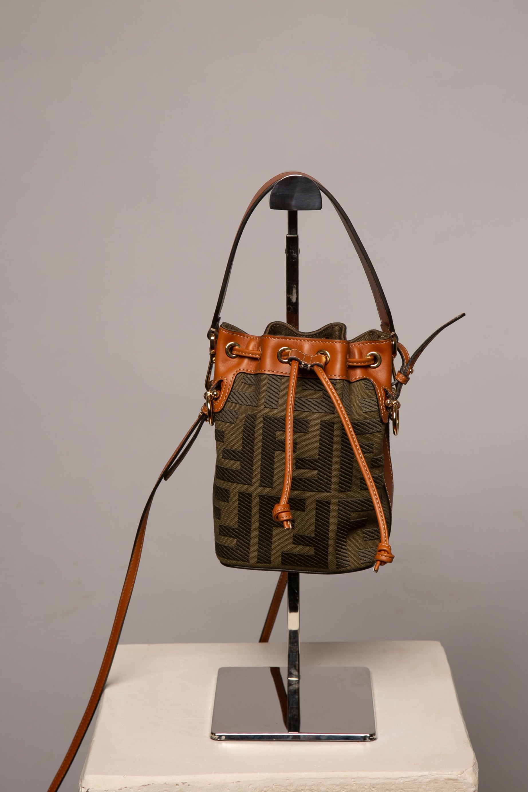 Fendi Mon Tresor Mini Canvas & Leather Bucket Bag in Brown