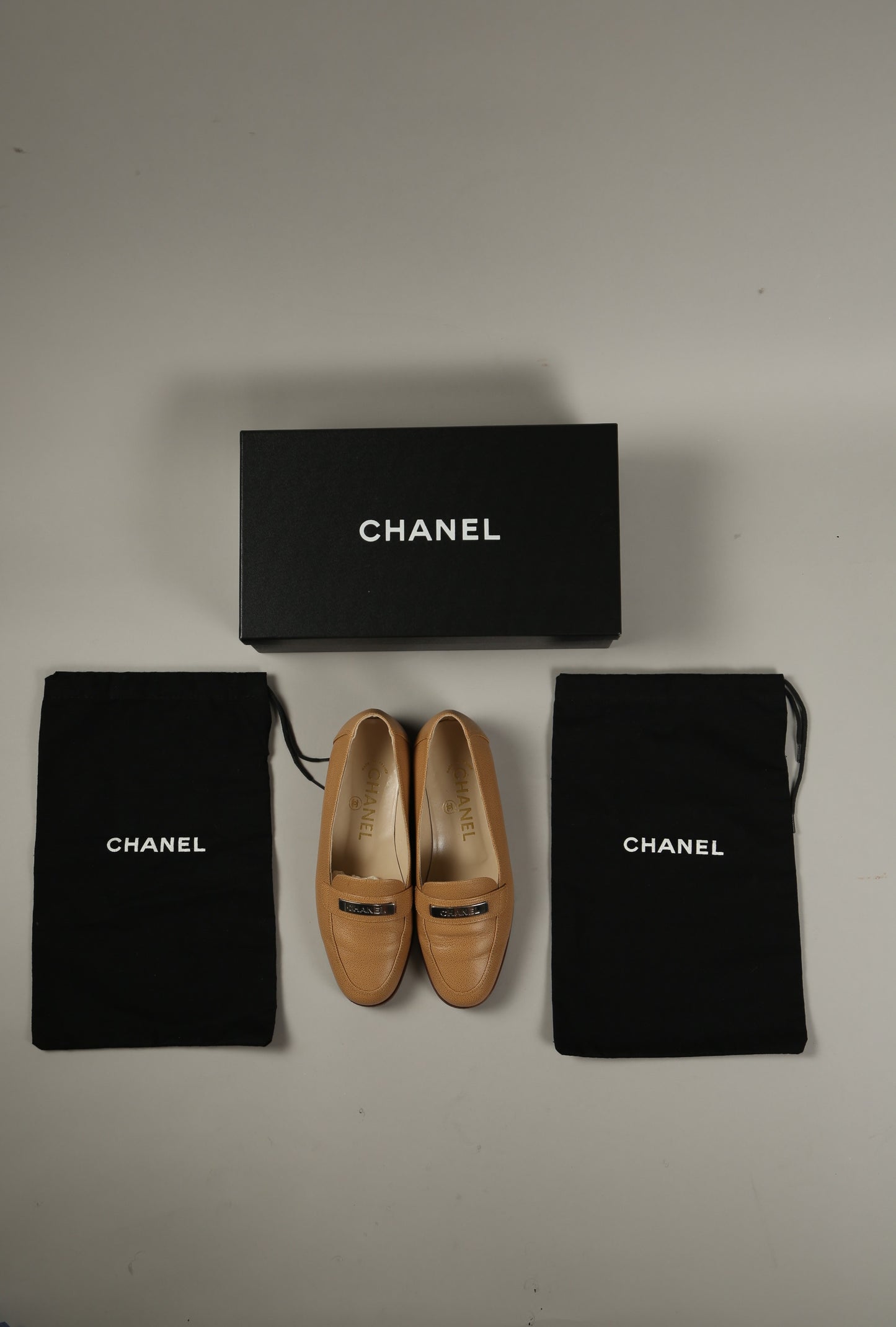 CHANEL Brown Caviar Leather Loafers