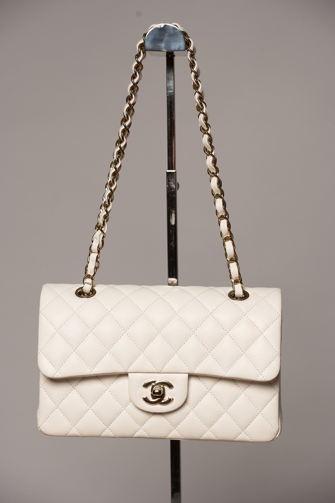 Chanel Small Classic Double Flap White Caviar Light Gold Hardware