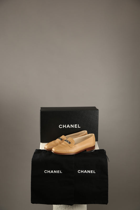 CHANEL Brown Caviar Leather Loafers