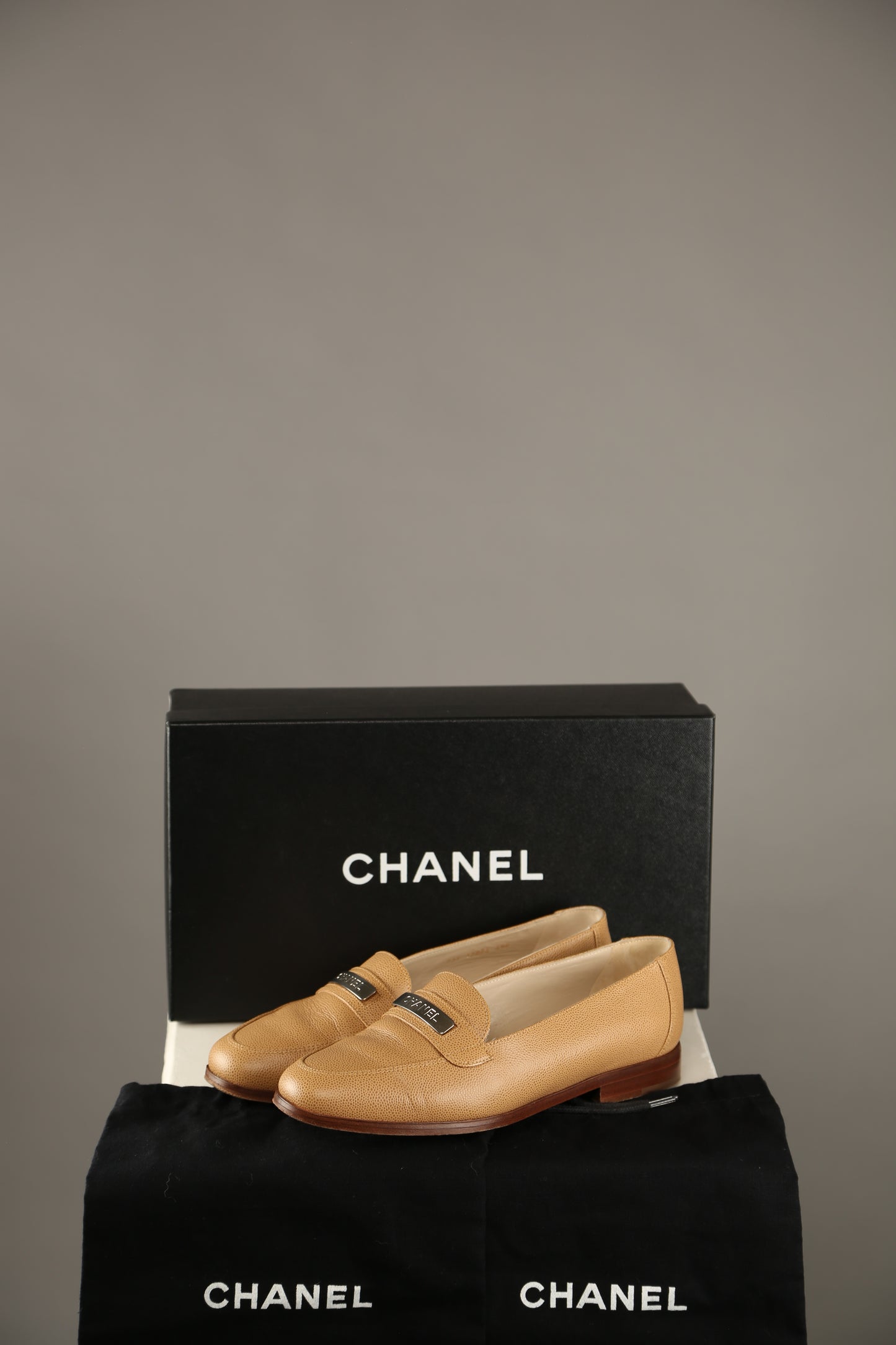 CHANEL Brown Caviar Leather Loafers