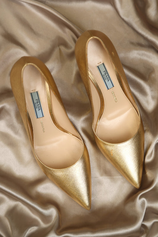 PRADA Gold Saffiano Pumps