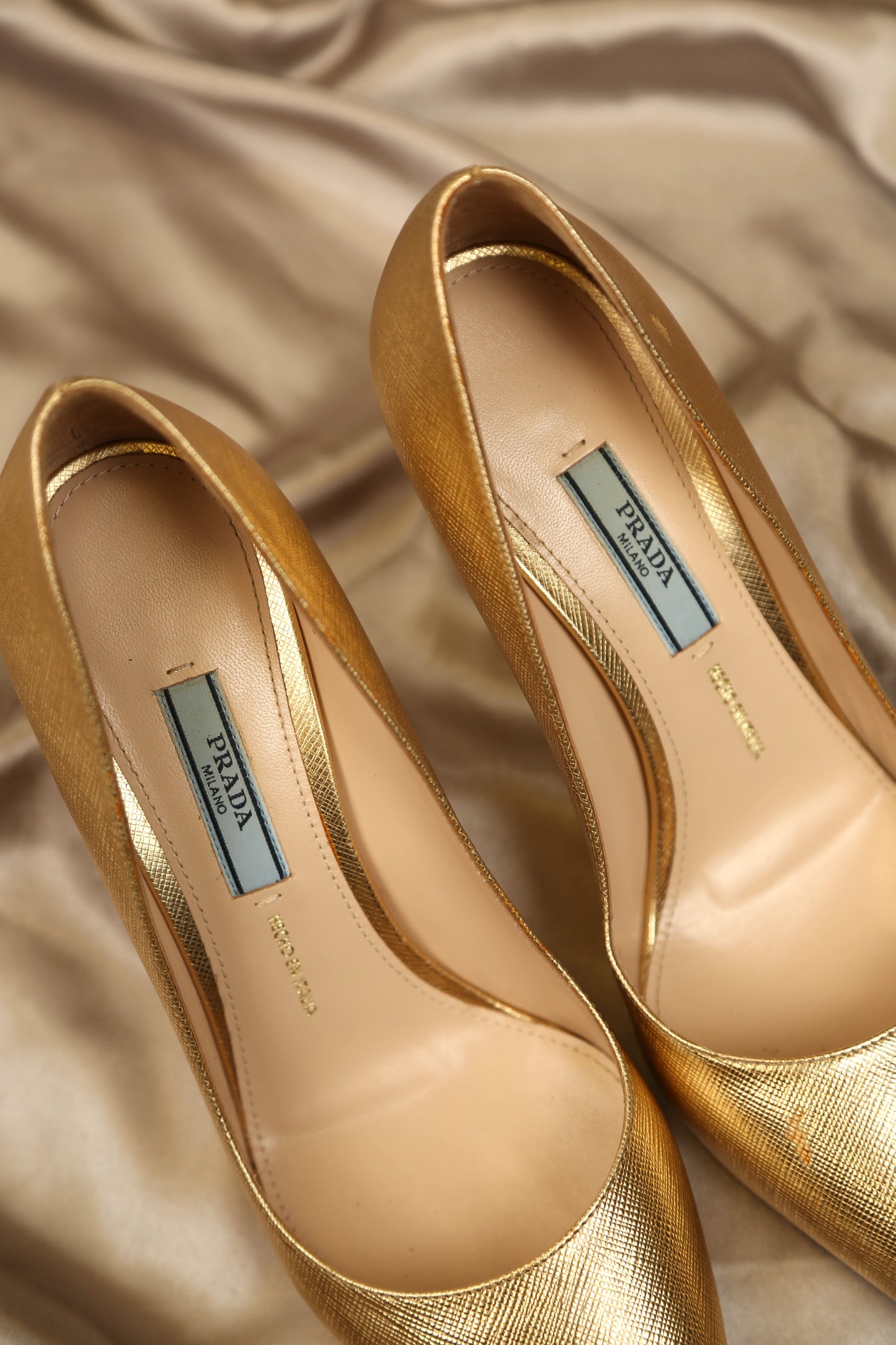 PRADA Gold Saffiano Pumps