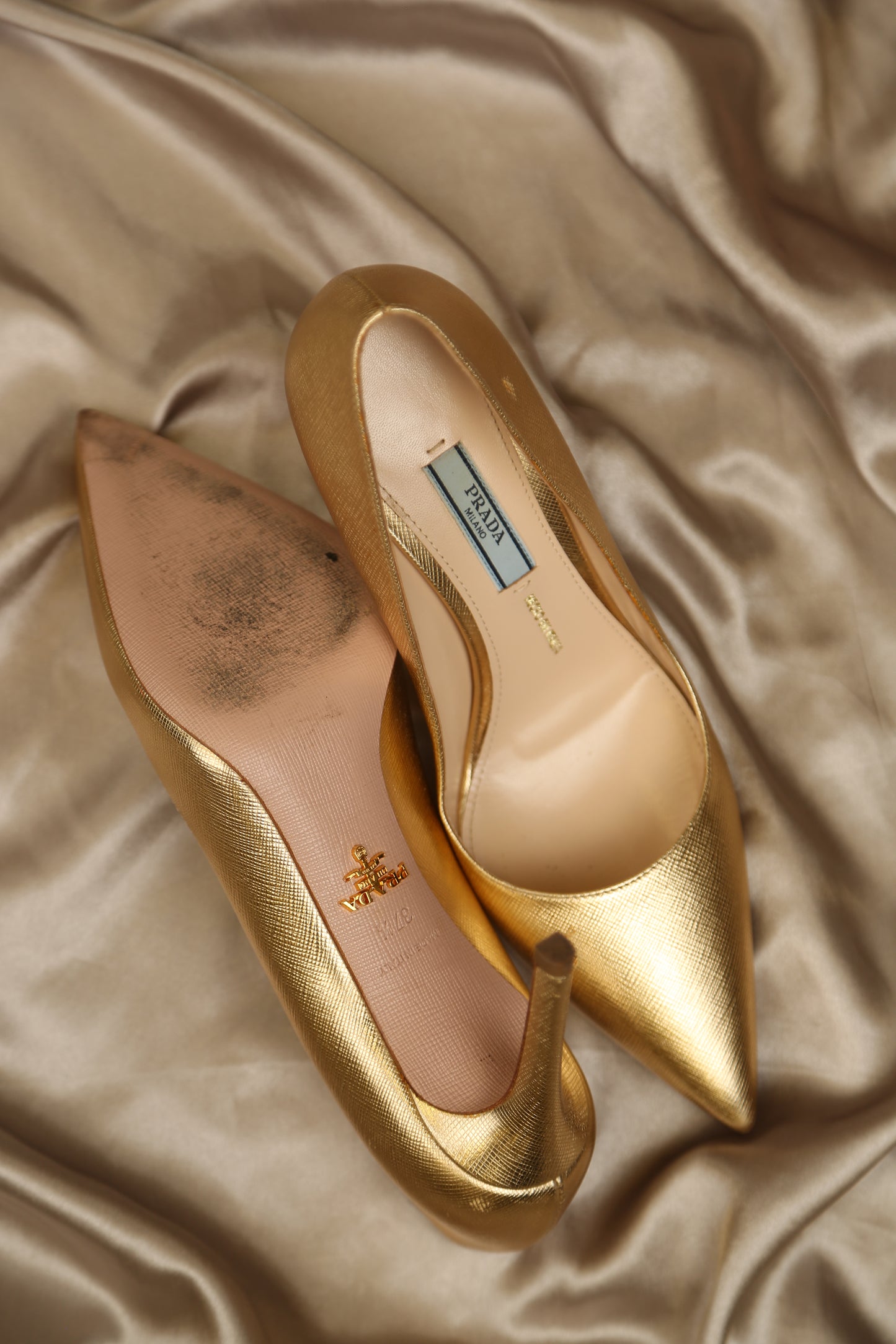 PRADA Gold Saffiano Pumps
