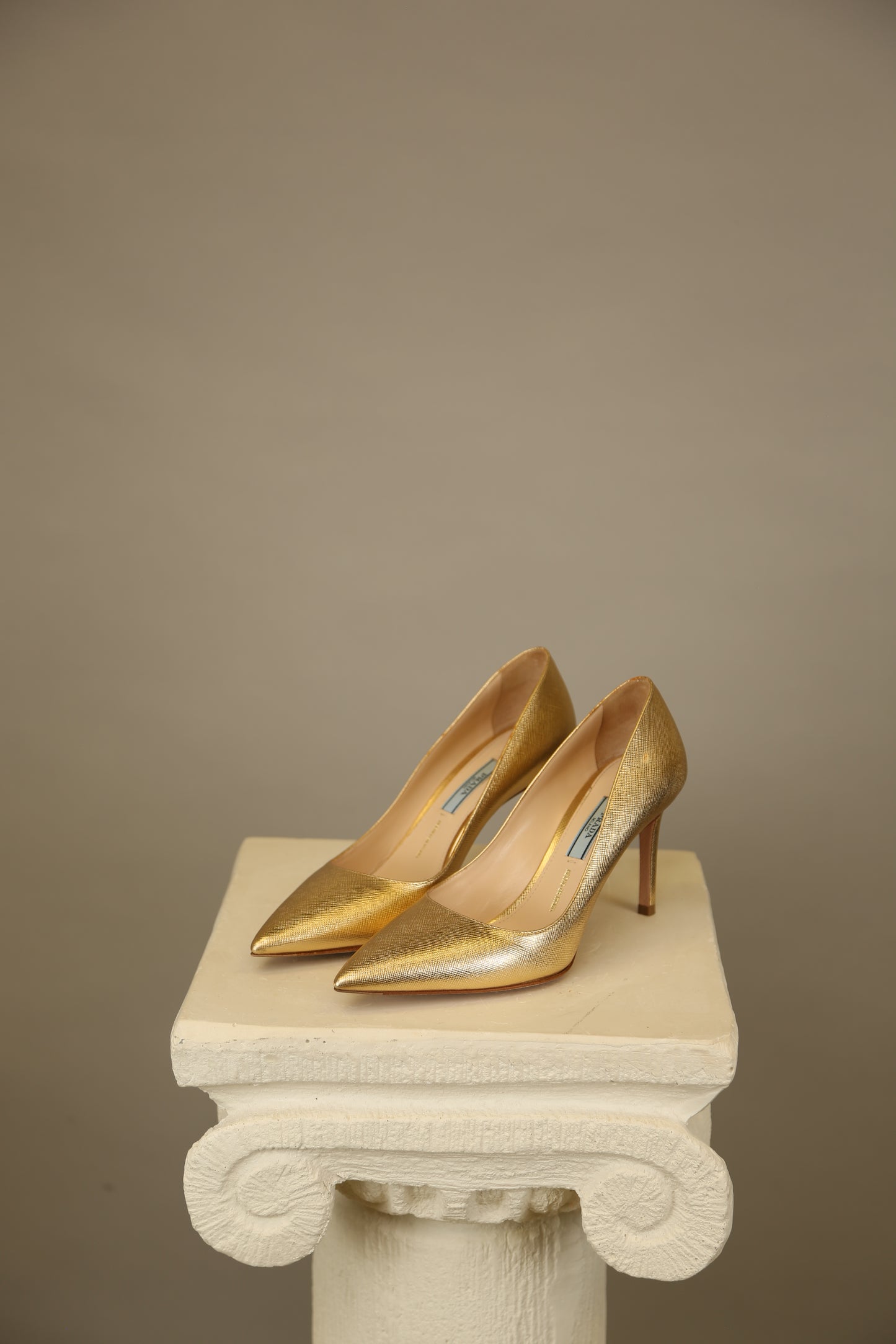PRADA Gold Saffiano Pumps