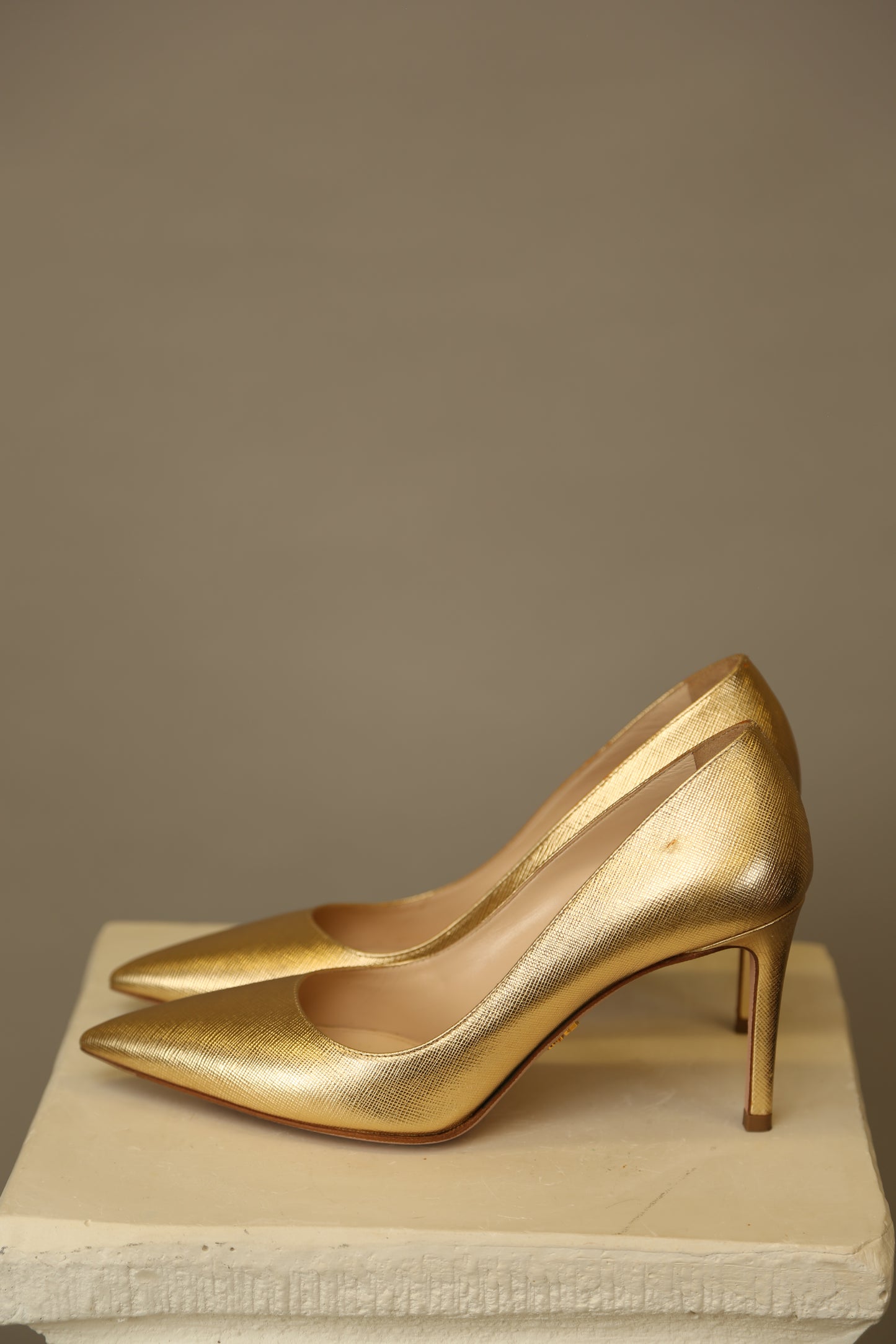 PRADA Gold Saffiano Pumps