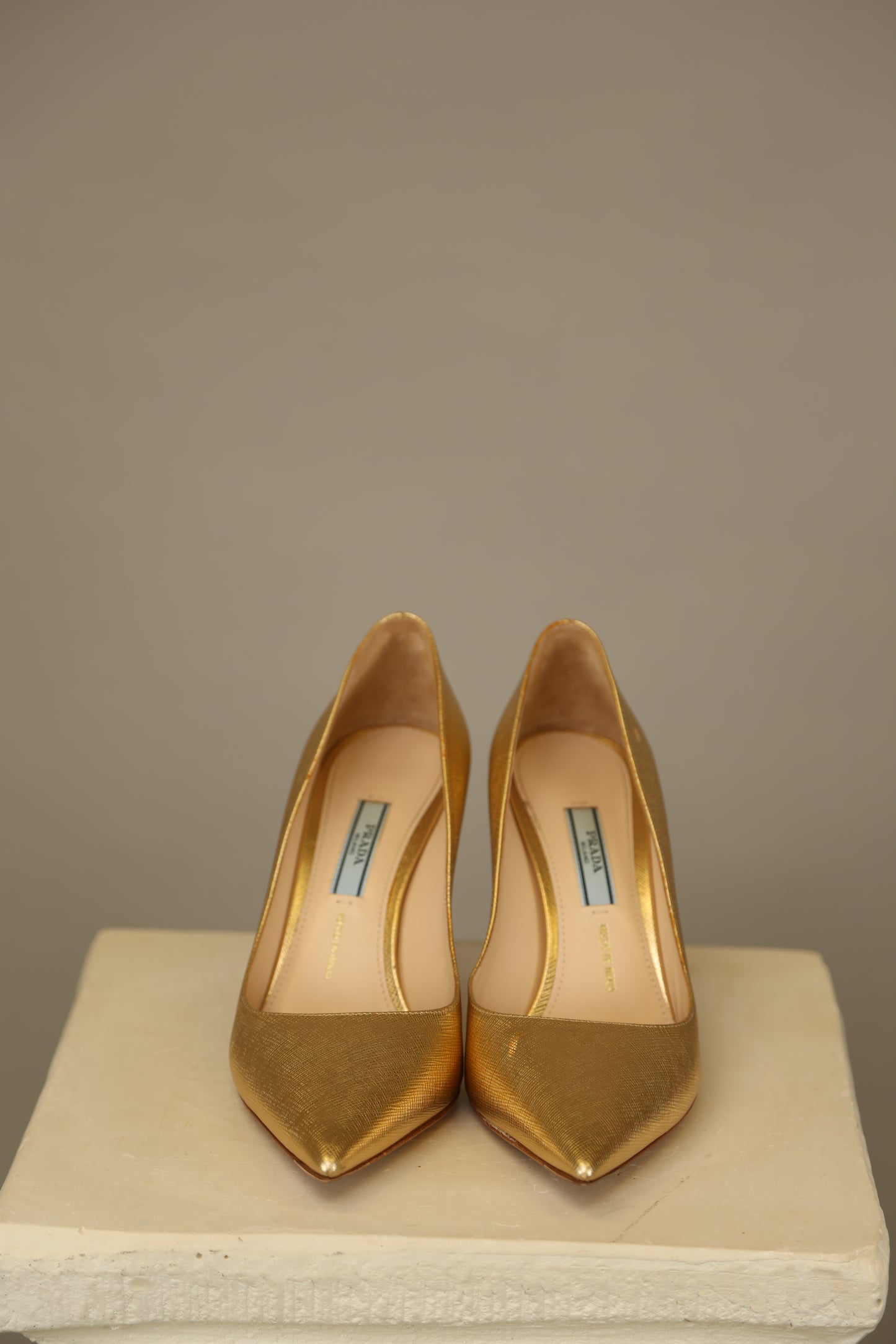 PRADA Gold Saffiano Pumps