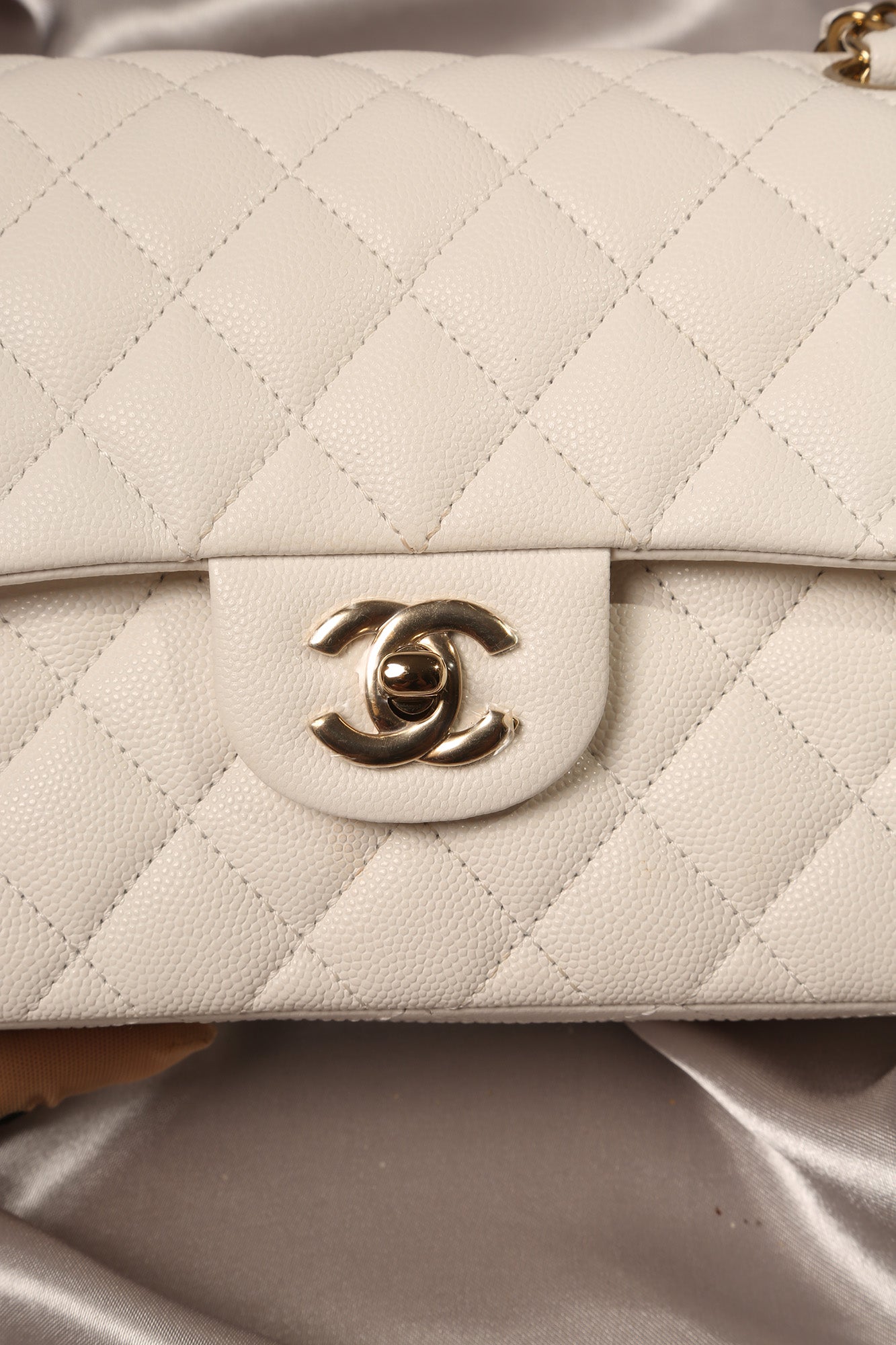 Chanel Classic Medium Flap 20C Ivory Light Beige Quilted Caviar with light  gold hardware