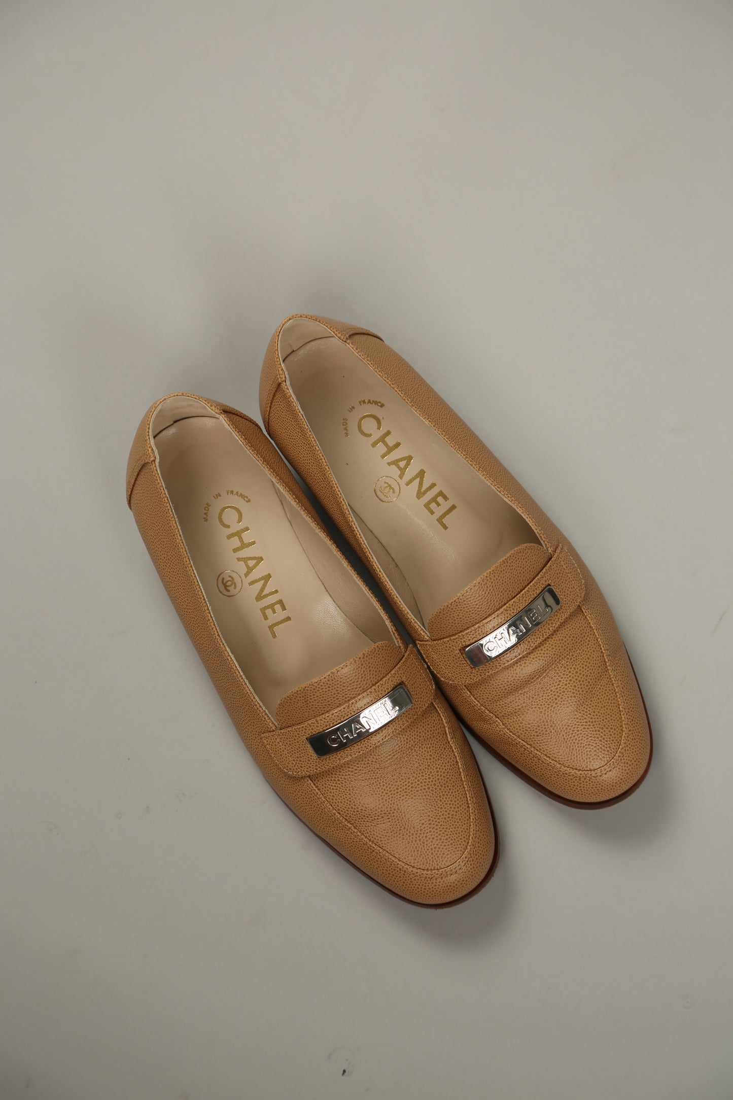 CHANEL Brown Caviar Leather Loafers