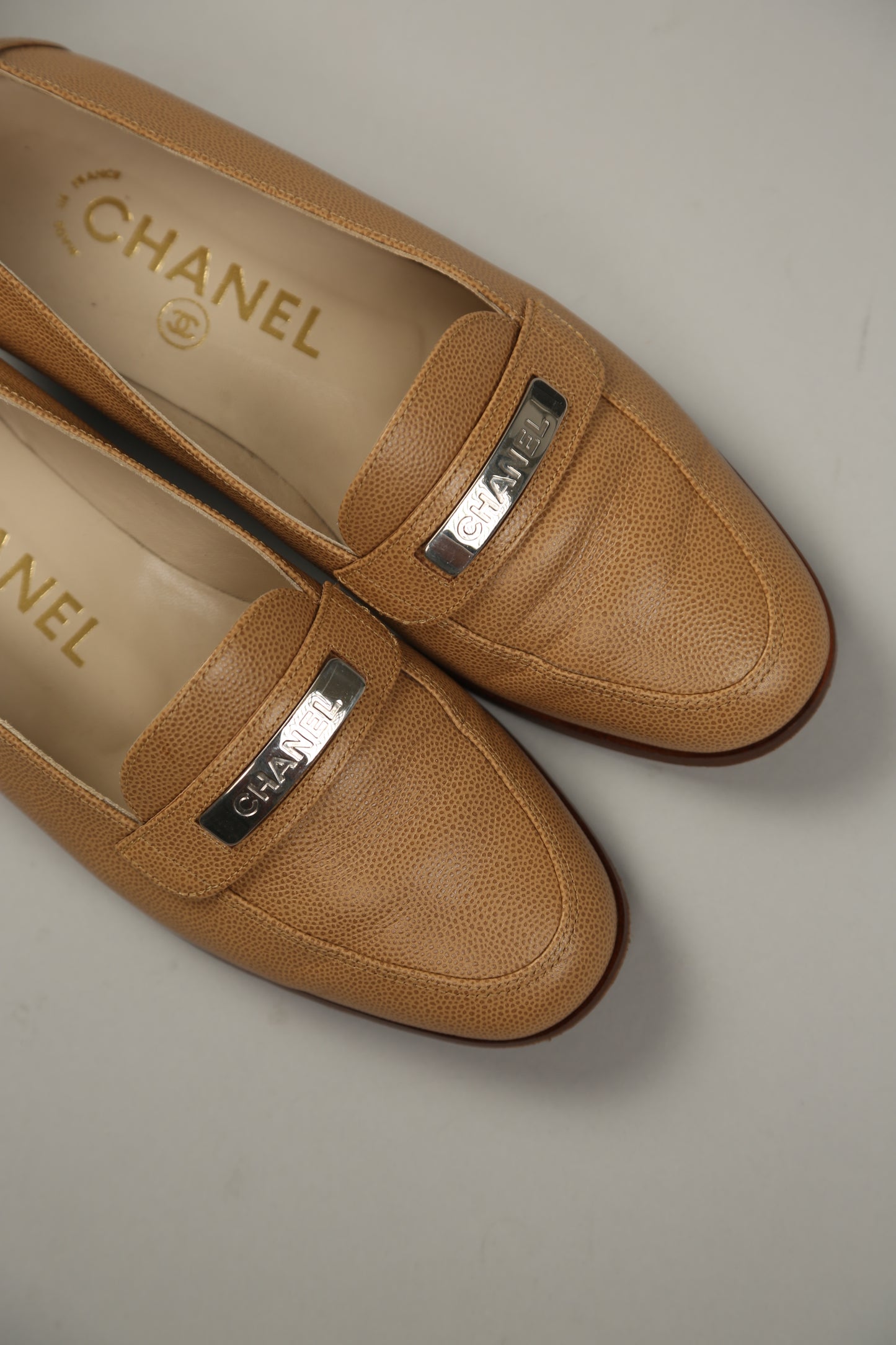 CHANEL Brown Caviar Leather Loafers