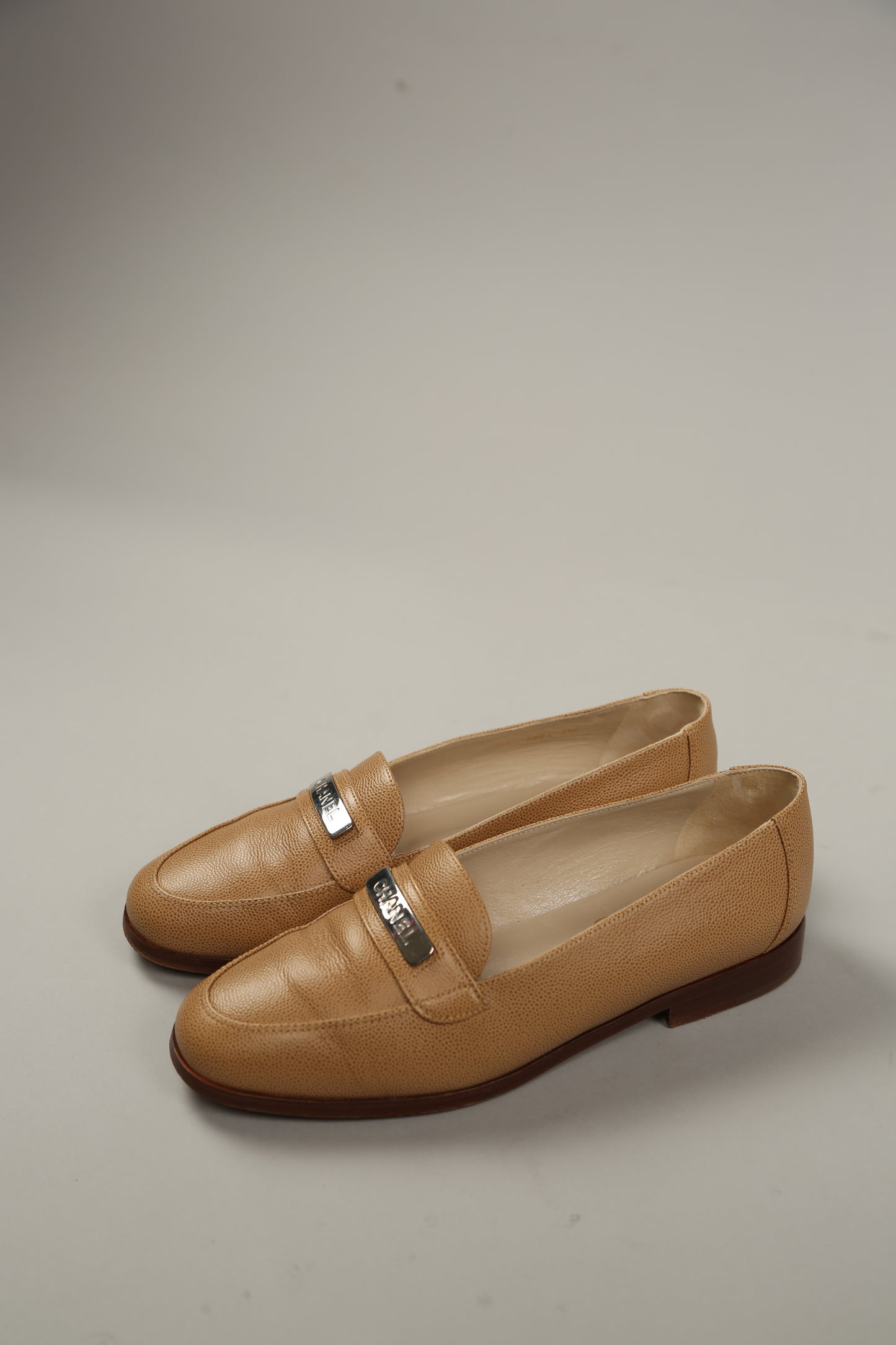 CHANEL Brown Caviar Leather Loafers