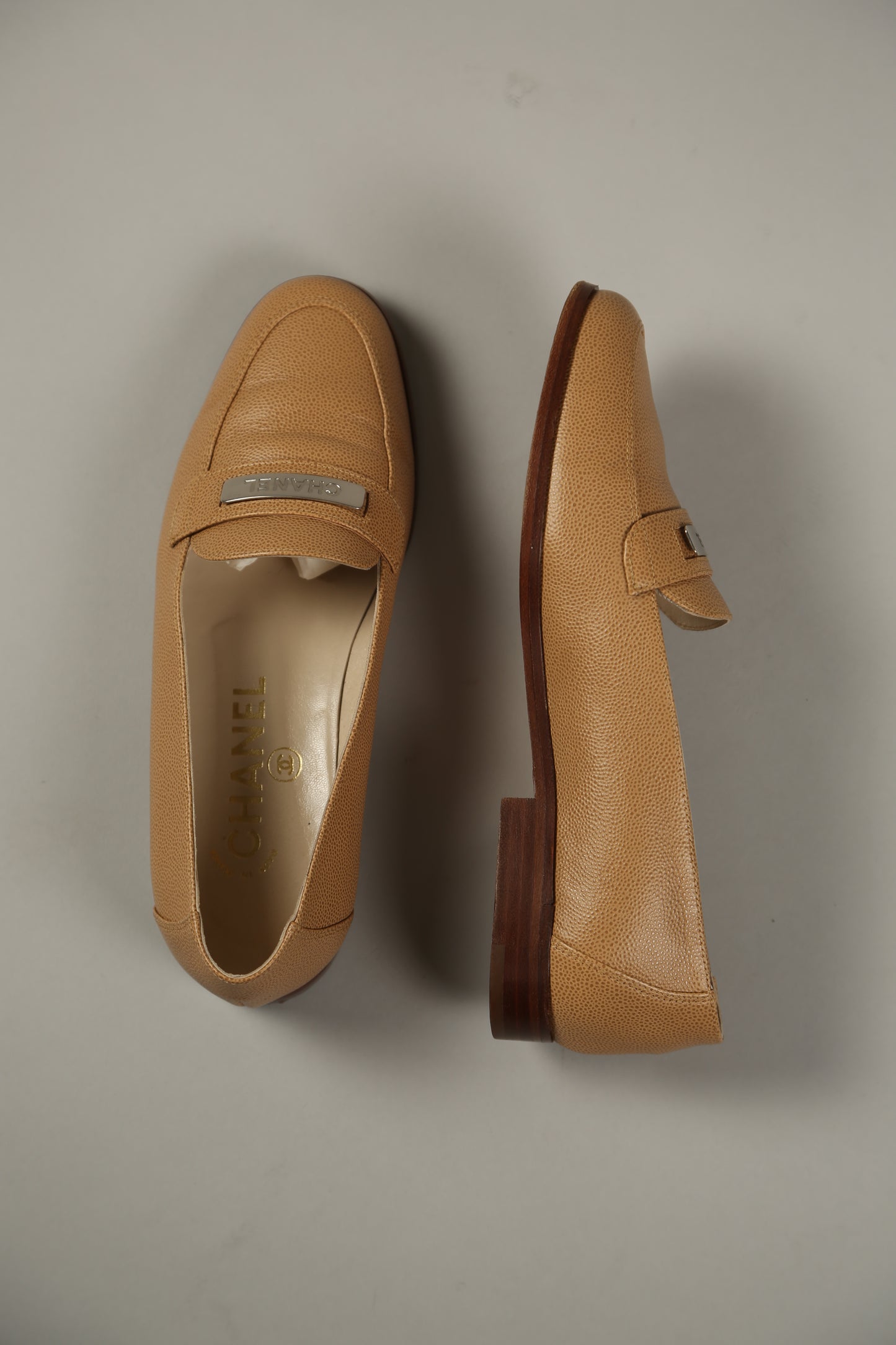 CHANEL Brown Caviar Leather Loafers