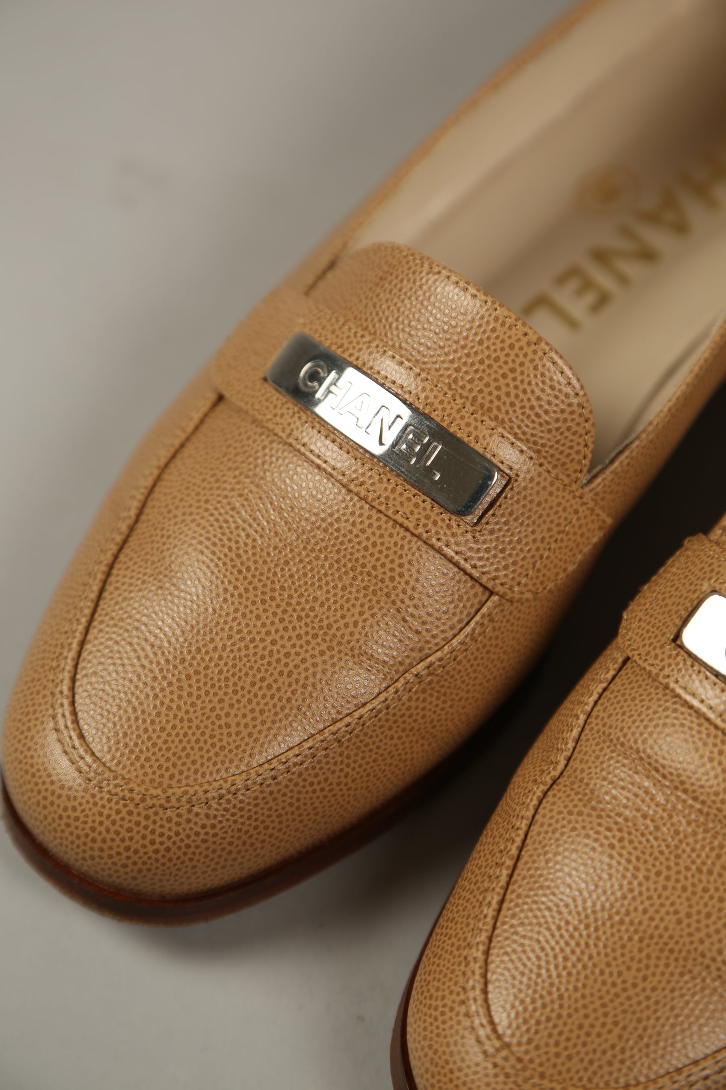 CHANEL Brown Caviar Leather Loafers