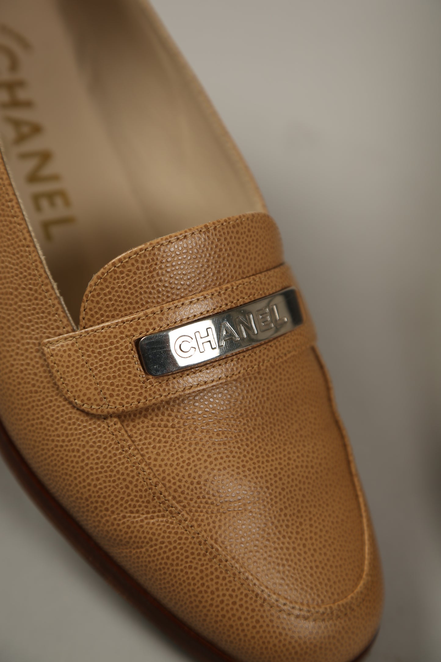 CHANEL Brown Caviar Leather Loafers