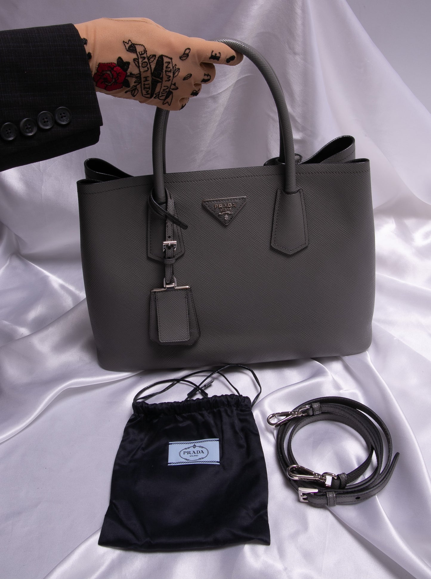 Prada Grey/Burgundy Saffiano Cuir Leather Medium Double Handle