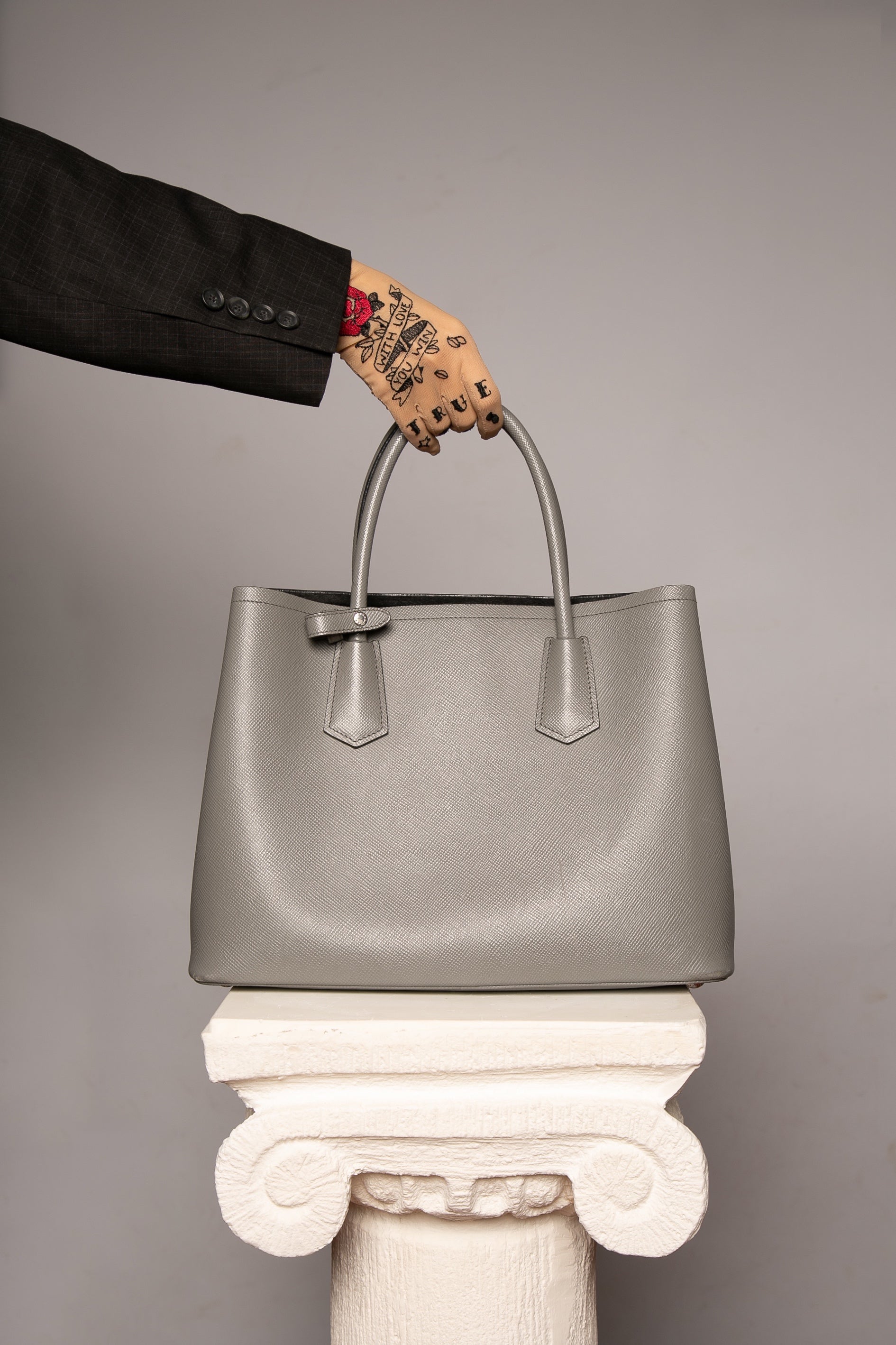 Medium Saffiano Leather Double Prada Bag Women Cameo/Black